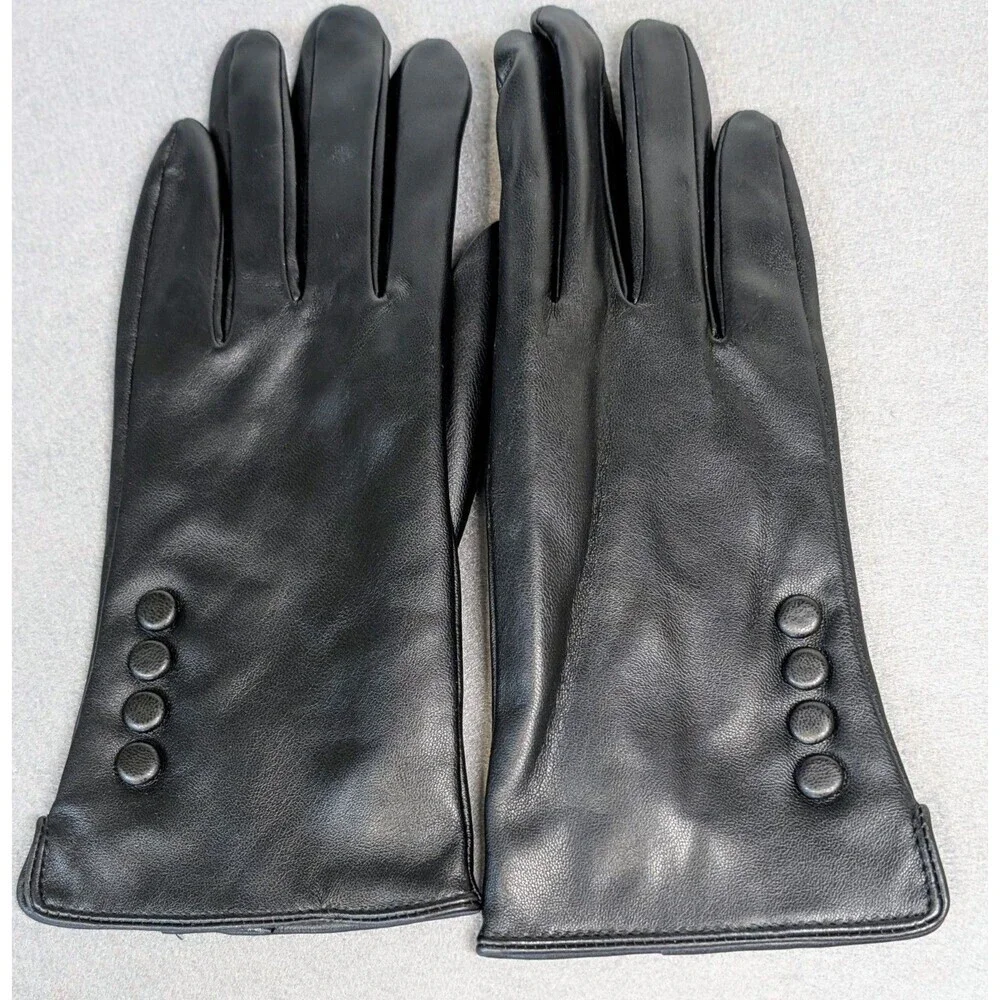 Womens Black Driving Gloves Size M PU Leather Wool Lined Classic Button Detail
